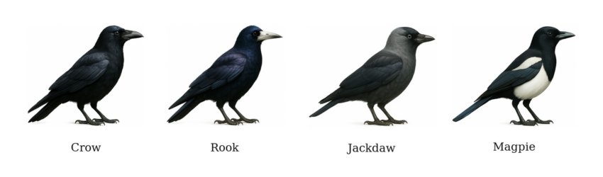 Illustrations of crow, rook, jackdaw and magpie showing corvid species targeted by farm pest control services in Wiltshire