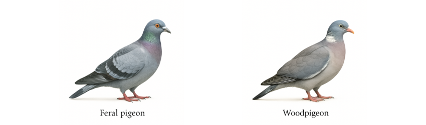 Feral pigeon and woodpigeon illustrations representing pigeon control for farm pest control services in Swindon and Wiltshire