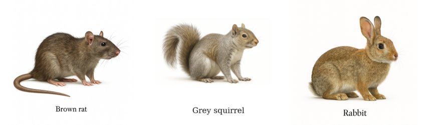 Brown rat, grey squirrel and rabbit illustrations showing ground pests managed by farm pest control services for farms and estates