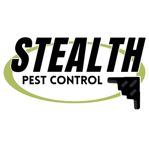 Stealth Pest Control logo with bold black text, olive oval ring, and a stylised rifle stock in the corner.