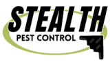 Stealth Pest Control logo with bold black text, olive oval ring, and a stylised rifle stock in the corner.