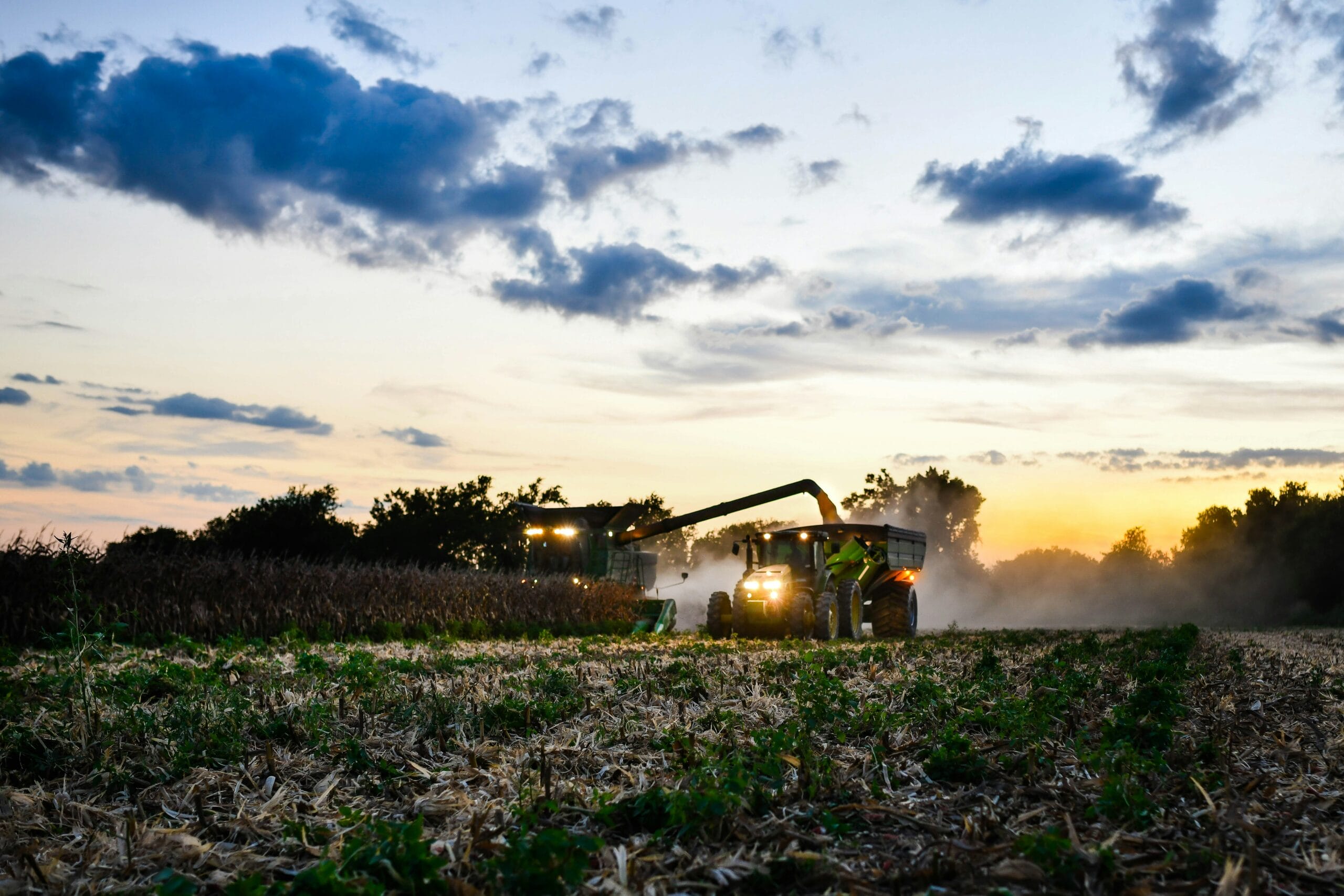 Harvest machinery working at dusk on farmland, representing farm pest control services in Swindon & Wiltshire.